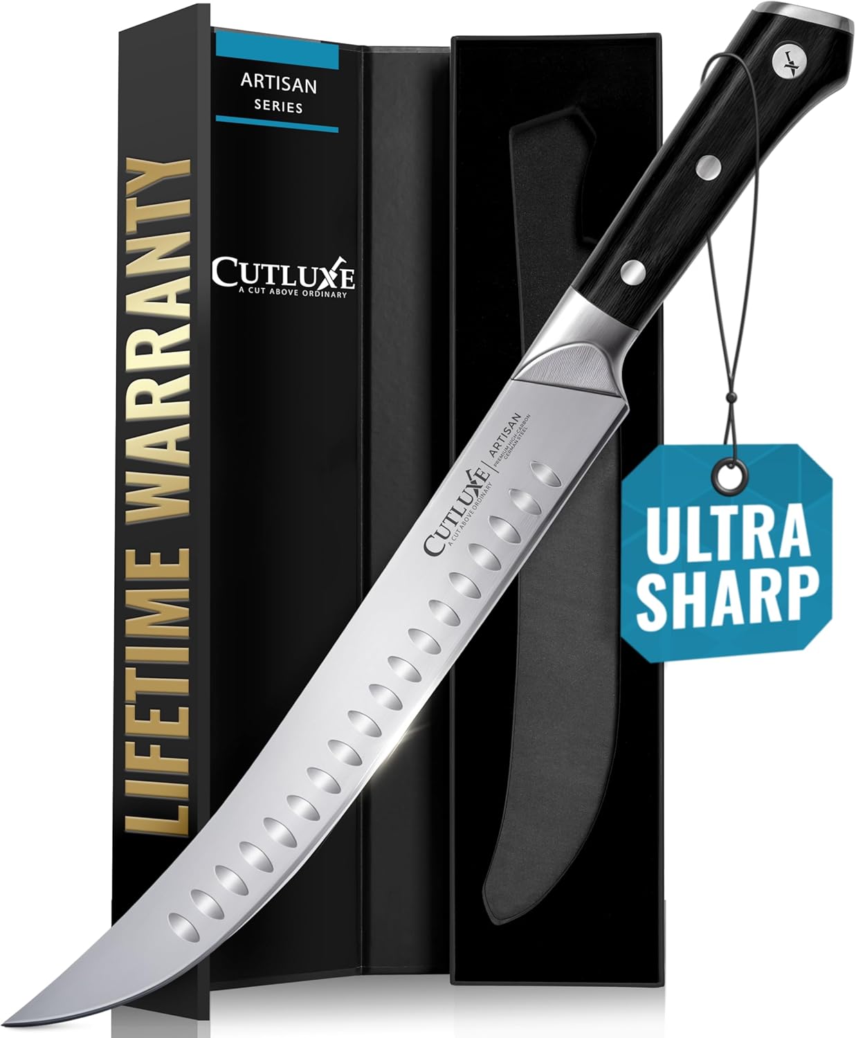 Cutluxe Butcher Knife – 10″ Cimeter Breaking Knife, Razor Sharp Forged High Carbon German Steel, Full Tang Meat Carving Knife, Ergonomic Handle Design – Artisan Series