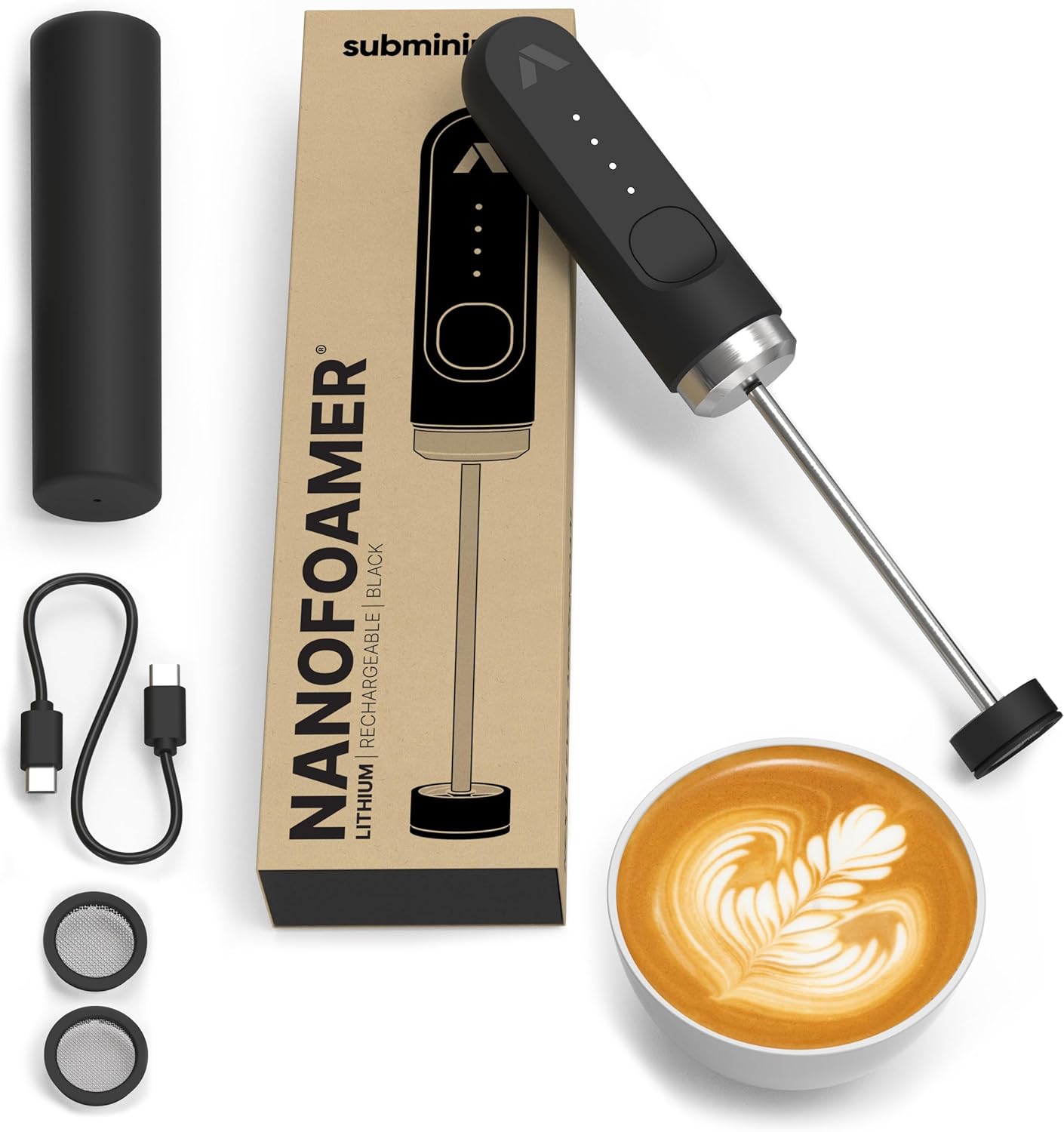 Subminimal NanoFoamer Lithium Performance Milk Foamer | USB-C Rechargeable, IP4 Waterproof, Dual-Speed, Stainless Steel | Premium Microfoamed Milk in 30 Seconds, Barista-Style Coffee Drinks at Home