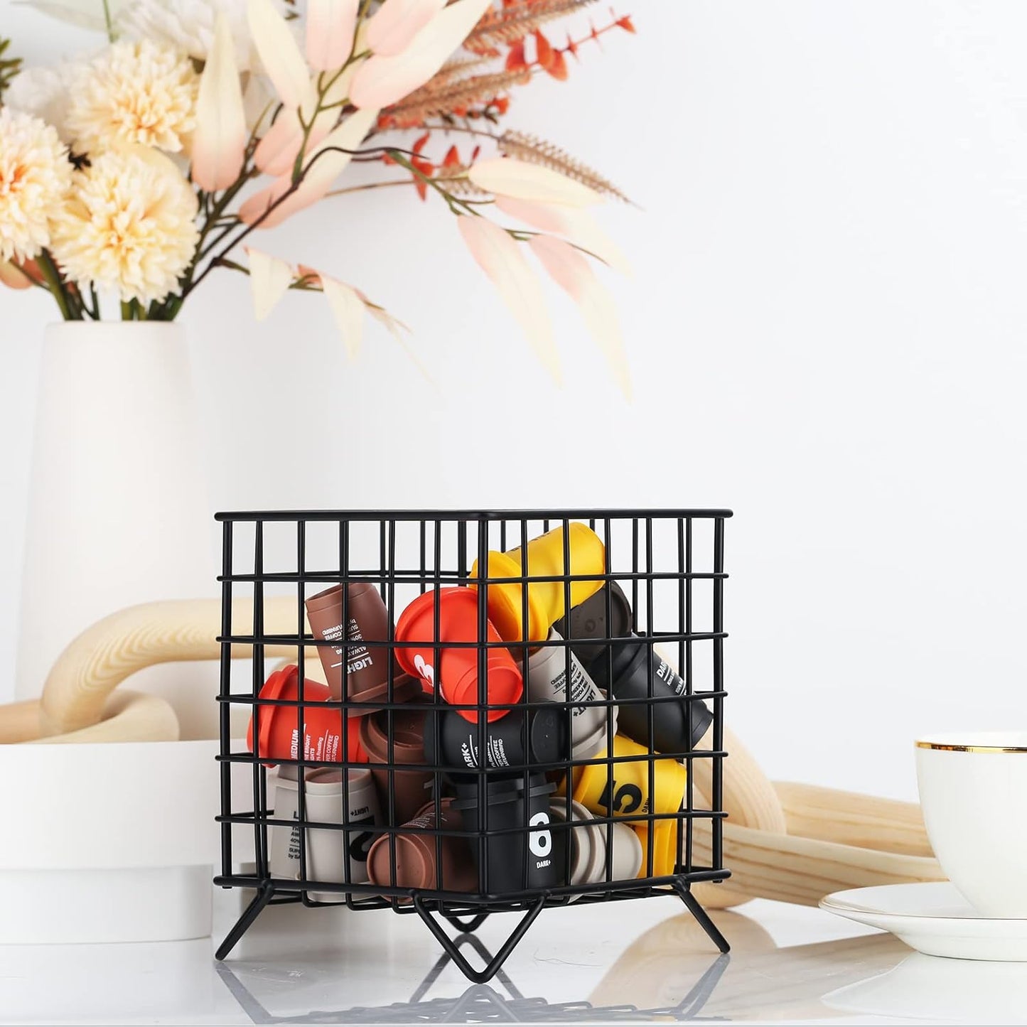Black Wire Coffee Pod Holder Basket,Large Capacity Metal K Cup Holder Organizer,Storage Basket for Kitchen Countertop Office Coffee Bar Accessories,Creamer and Syrup Organizer