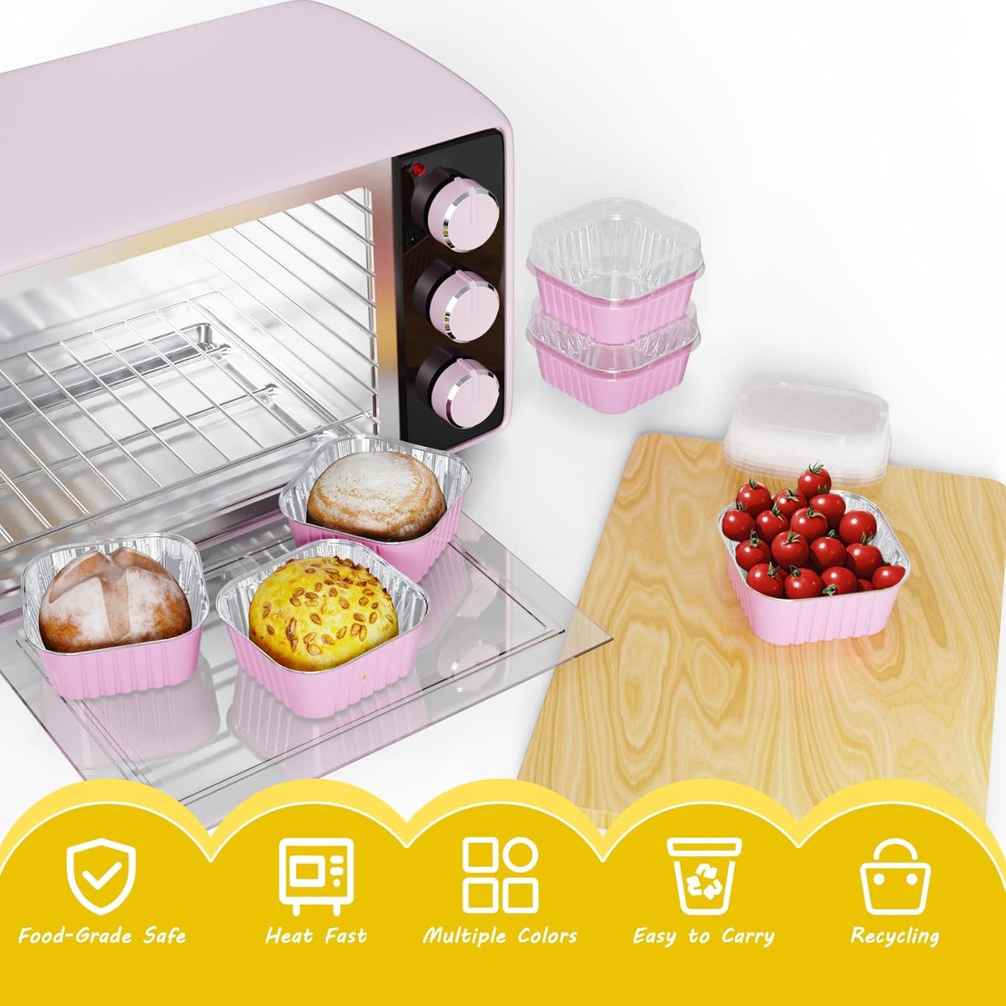 50 Pack Square Mini Cake Pans with Lids,Mini Loaf Pans with Lids,Aluminum Foil Baking Cups,Disposable Ramekins Cupcake Cups,Dessert Cups for Wedding Birthday Party Picnics,5oz (Pink)