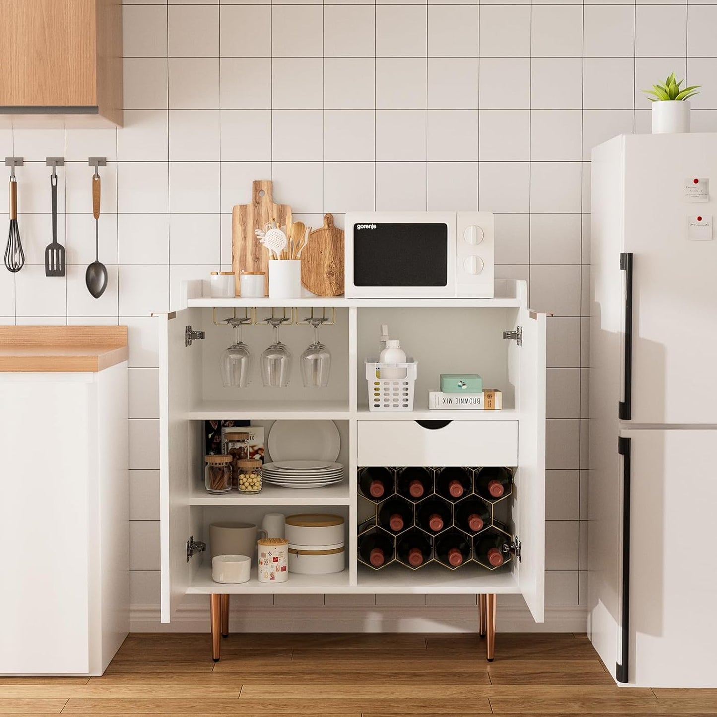 EOYUTLLY Coffee Bar Cabinet with Wine Rack & Glass Holder, Kitchen Sideboard Buffet Cabinet with Storage,Wine Bar Cabinet with Fluted Doors for Living Room Dining Room,White