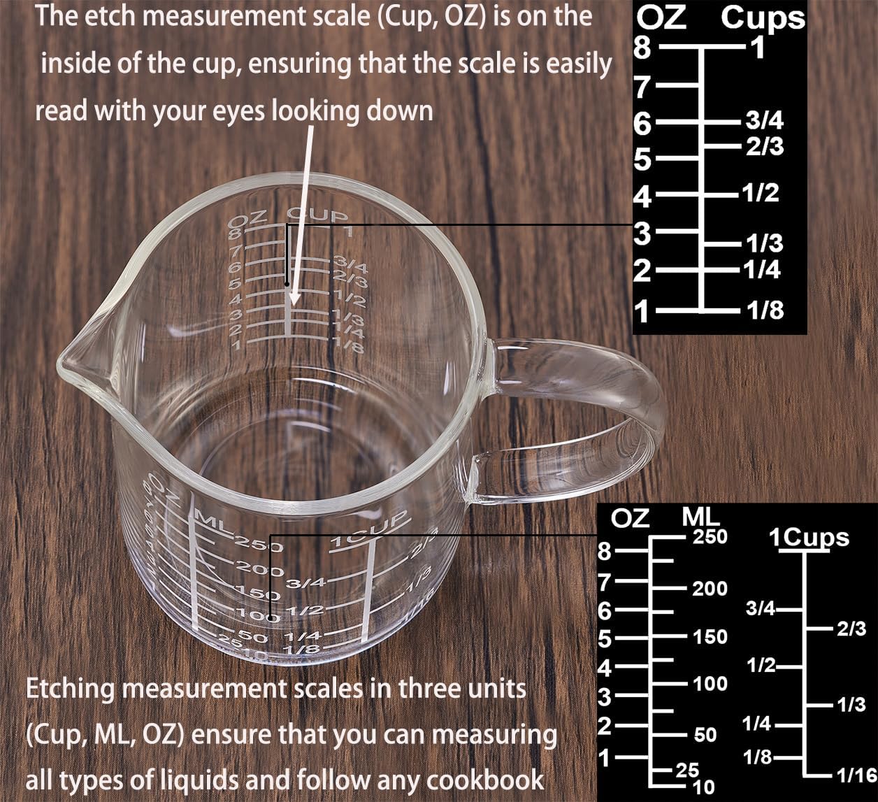 Ackers Mirror Scale Glass Measuring Cup-[Insulated handle | V-Shaped Spout]-Made of High Borosilicate Glass Measuring Cup for Kitchen or Restaurant, Easy to Read, 250 ML (8 Oz, 1 Cup)