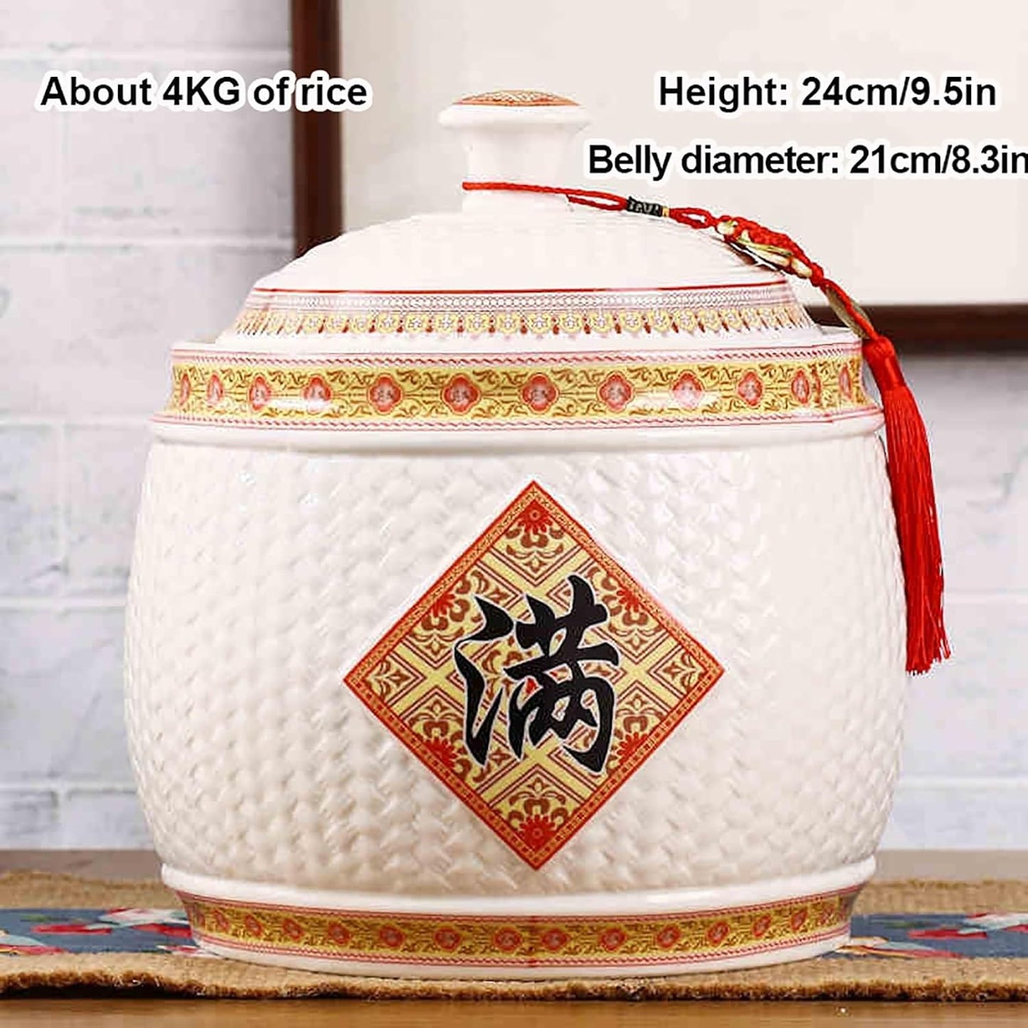Chinese Sealed Large-Capacity Rice Pot, Ceramic Rice Bucket With Tassel Design, Grain Storage Ceramic Container, Rice Dispenser Airtight Storage Bucket For Grains Snacks Candy Coffee Beans Food(B,Capa