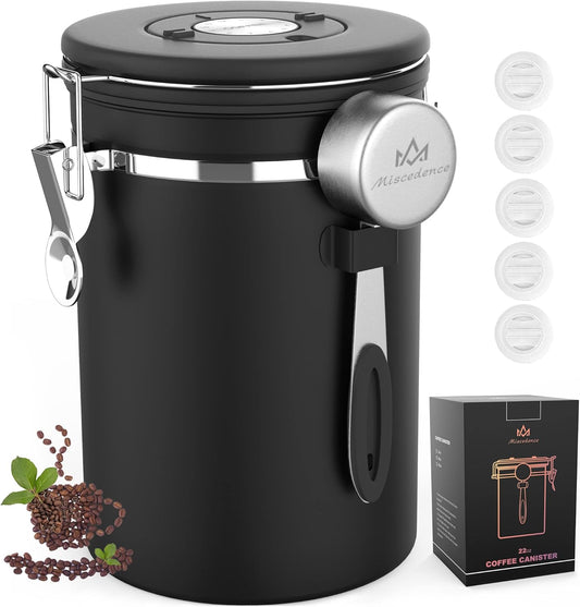 Coffee Canister with Scoop,Date Tracker 304 Stainless Steel Airtight Container One-Way CO2 Valve for Coffee Beans,Tea,Sugar,Kitchen Storage (Black, 22oz)