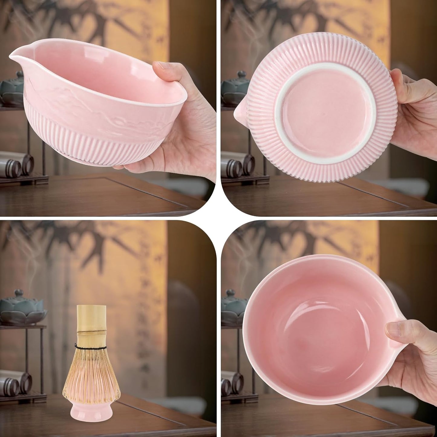 PHILORN Matcha Whisk Set 9Pcs Ceramic Matcha Kit Matcha Bowl with Spout, Whisk, Holder, Bamboo Scoop, Scoop Rest, Sifter and Tea Towe for Matcha Lover and Tea Ceremony (Pink)