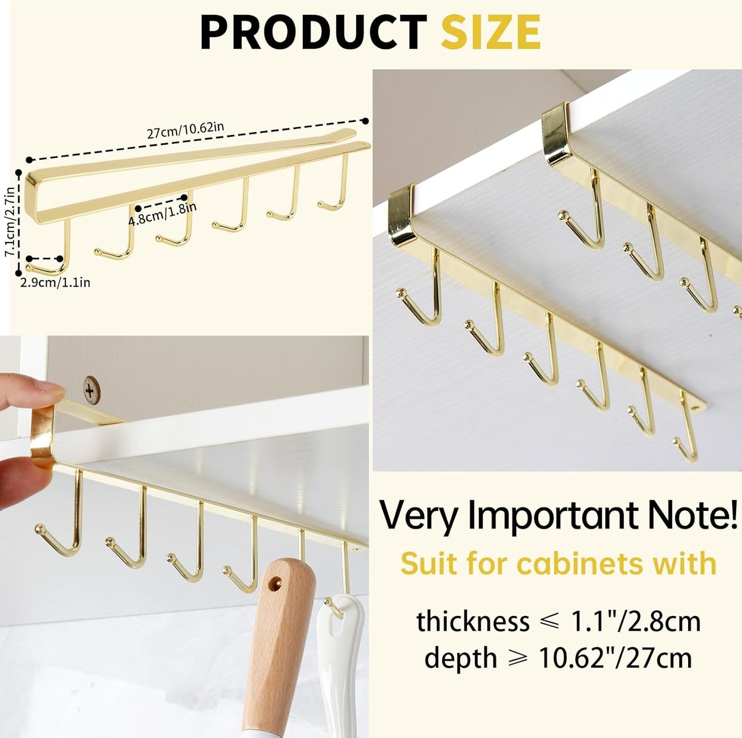 2pcs Mug Organizer for Kitchen Cabinets,Under-Shelf Coffee Cup Mug Rack with 6 Hooks,Fit for 1.1 Inch Thickness Shelf or Less,Suitable for Holder Hanger for Cups/Keys Storage/Scarf.Gold