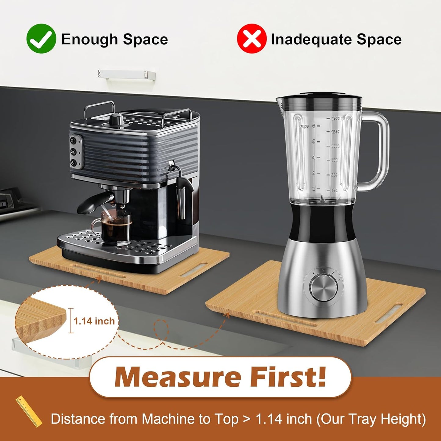 Joy&Grace Appliance Slider for Kitchen Appliances 360° Rolling Sliding Tray for Coffee Maker Countertop, Bamboo Coffee Pot Slider Rolling Tray (Natural, Large 16"x13")