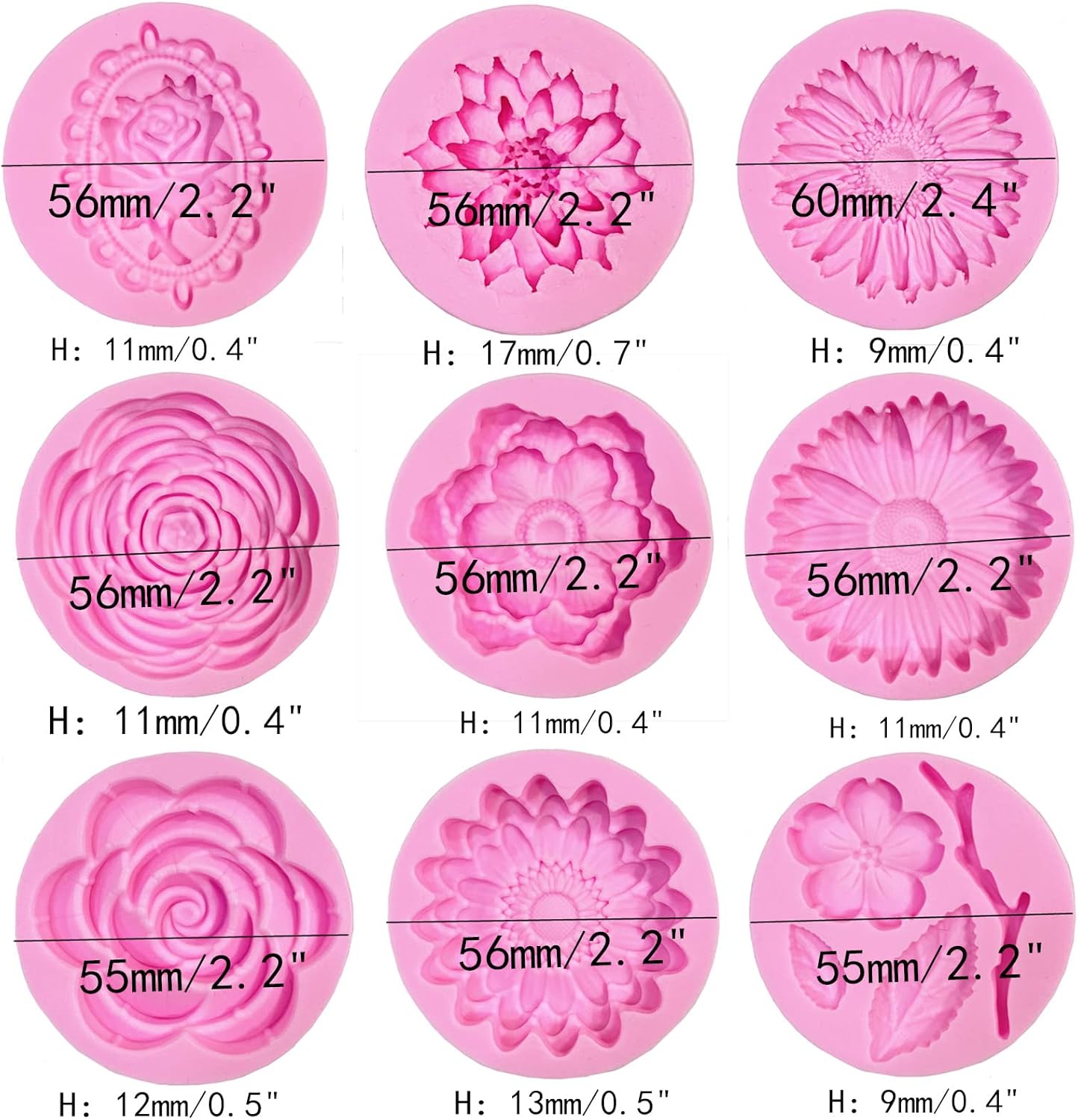 9 Pcs Flowers Fondant Molds Silicone Molds for Cupcake Dessert Chocolate Jelly Cookie Decor, Jewelry, Pastry, Chocolate,Handmade Soap Mould Candy Making