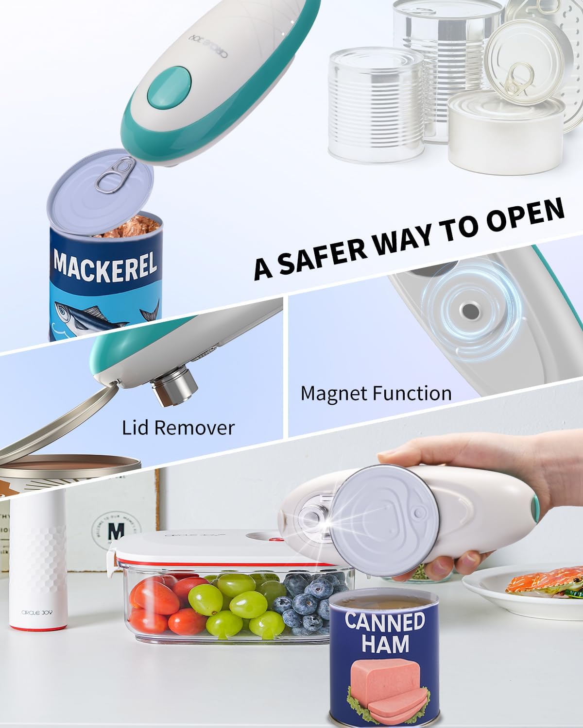 CIRCLE JOY Electric Can Opener, One-Touch Automatic Can Opening with Smooth Edges, Food Safety Handheld Battery-Operated Can Opener for Kitchen and Seniors, Green