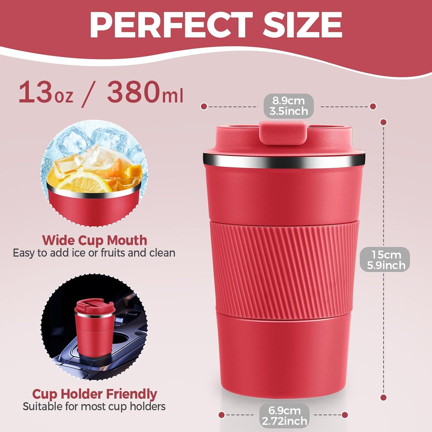 Volhoply 13 oz Stainless Steel Insulated Travel Coffee Mug with Fip Lid Bulk 4 Pack,Reusable Double Wall Vacuum Metal Coffee Cup,Portable Leak Proof Thermal Tumbler for Hot & Cold Drinks(Red,4)