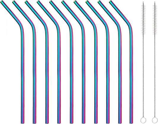 10 Pcs Stainless Steel Straws, Reusable Drinking Straws, Bent Metal Straw Sets with 2 Pcs Cleaning Brushes (Colorful, 8.5 Inch)