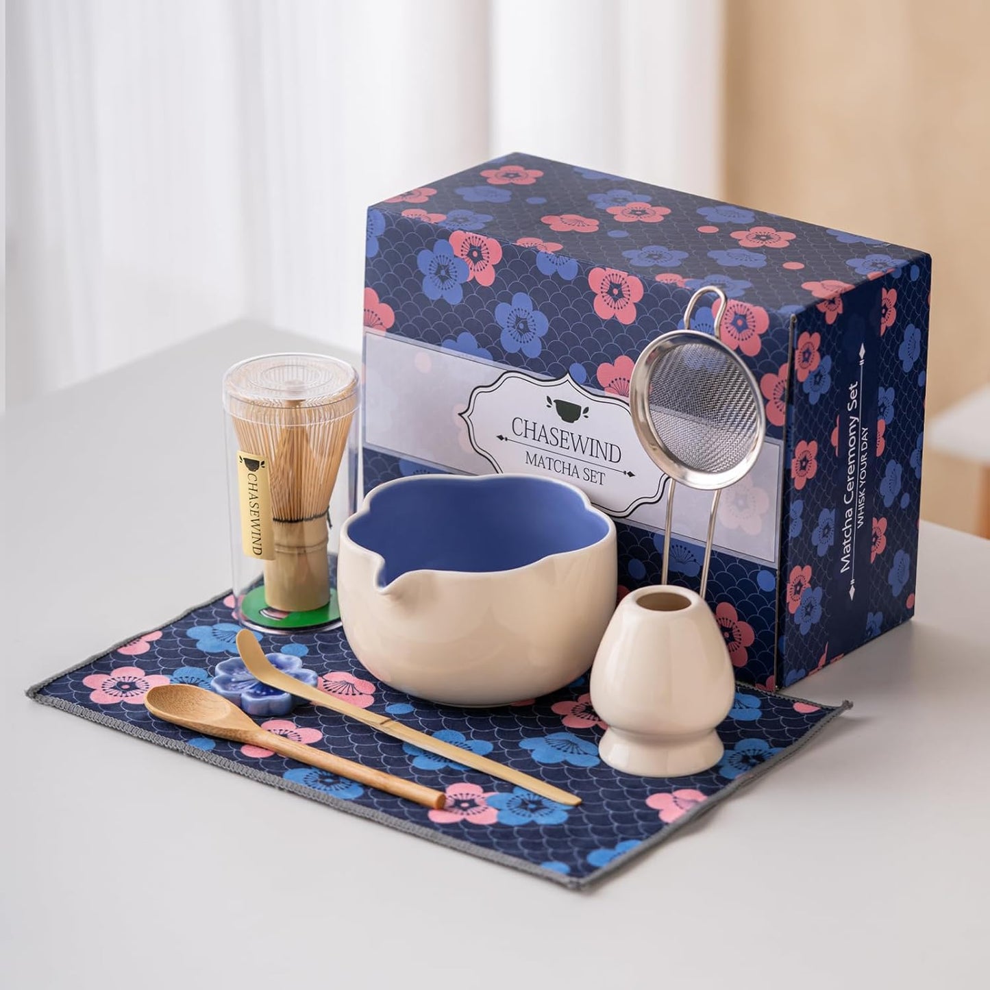 Matcha Set, 8Pcs Floral Ceramic Matcha Set with Matcha Whisk, Holder, Scoop, Scoop Rest, Sifter, Spoon and Tea Towel - Thoughtful Matcha Whisk Set Gift for Matcha Lovers (Beige & Blue)