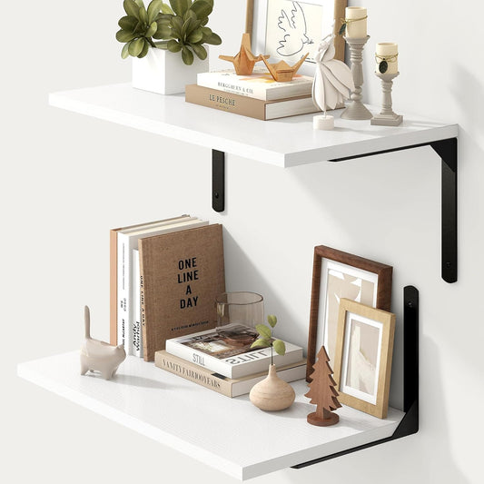 Fun Memories Floating Shelves for Wall, 12 Inch Deep Floating Shelves Set of 2, Wall Mounted Shelf with Metal Brackets, Rustic Wood Wide Shelf for Bathroom, Kitchen and Living Room, White, 24W x 12D