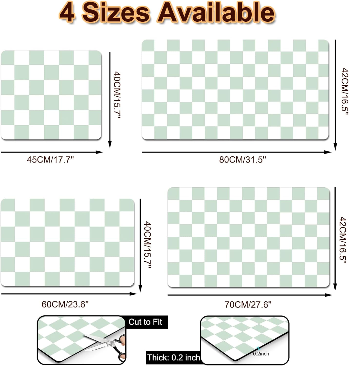 Dish Drying Mat for Kitchen, 15.7'' x 23.6'' Coffee Bar Mat for Countertops, Checkered Coffee Station Mats with Non-slip Rubber Backed, Absorbent Dish Dying Mat for Kitchen Counter, Green & White