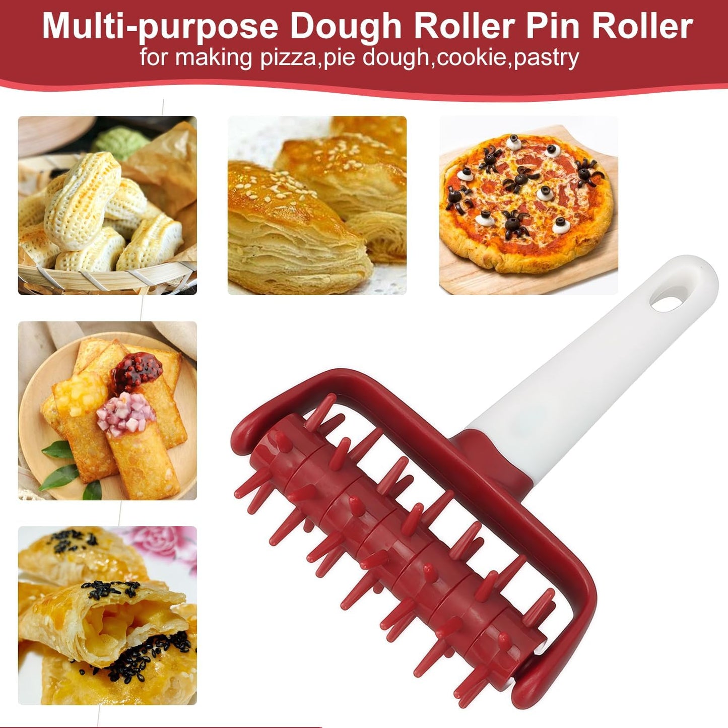 Pizza Dough Docker Roller Plastic Pizza Pin Puncher Dough Hole Maker Docking Tool Pizza Making Accessories for Cookie Pie Pastry Bread(Red)