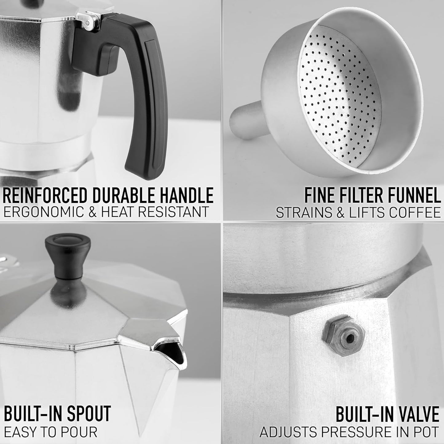 Zulay Moka Pot Espresso Stovetop Coffee Maker - Leak-Proof, aluminum, Easy to Clean, Heat Resistant Handle & Knob - for Authentic Cuban & Italian Style Espresso - Makes 6 Espresso Cups - Silver