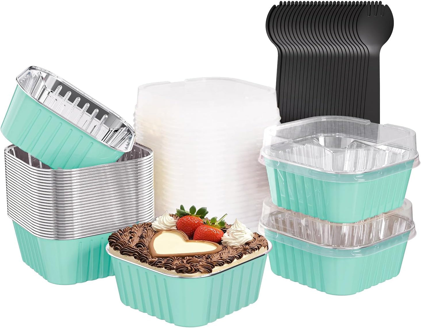 25 Pack Square Mini Cake Pans with Lids,Mini Loaf Pans with Lids,Aluminum Foil Baking Cups,Disposable Ramekins Cupcake Cups,Dessert Cups for Wedding Birthday Party Picnics,5oz (Blue)