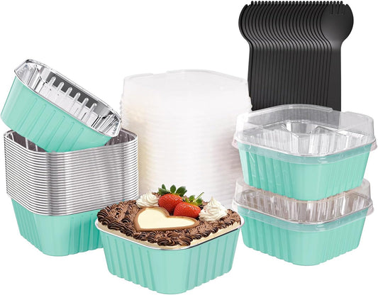 25 Pack Square Mini Cake Pans with Lids,Mini Loaf Pans with Lids,Aluminum Foil Baking Cups,Disposable Ramekins Cupcake Cups,Dessert Cups for Wedding Birthday Party Picnics,5oz (Blue)