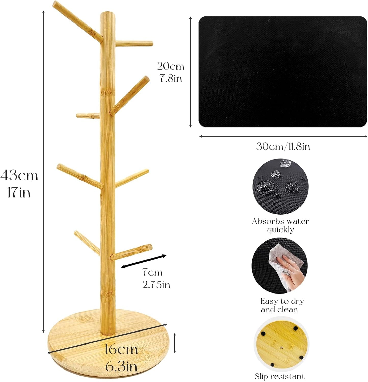SNAIL GARDEN Wood Coffee Mug Holder With 8 Hooks, Cup Stand With Drying Mat, Tree Hanger Rack for Counter, Bar Accessories and Decor, Station Organizer