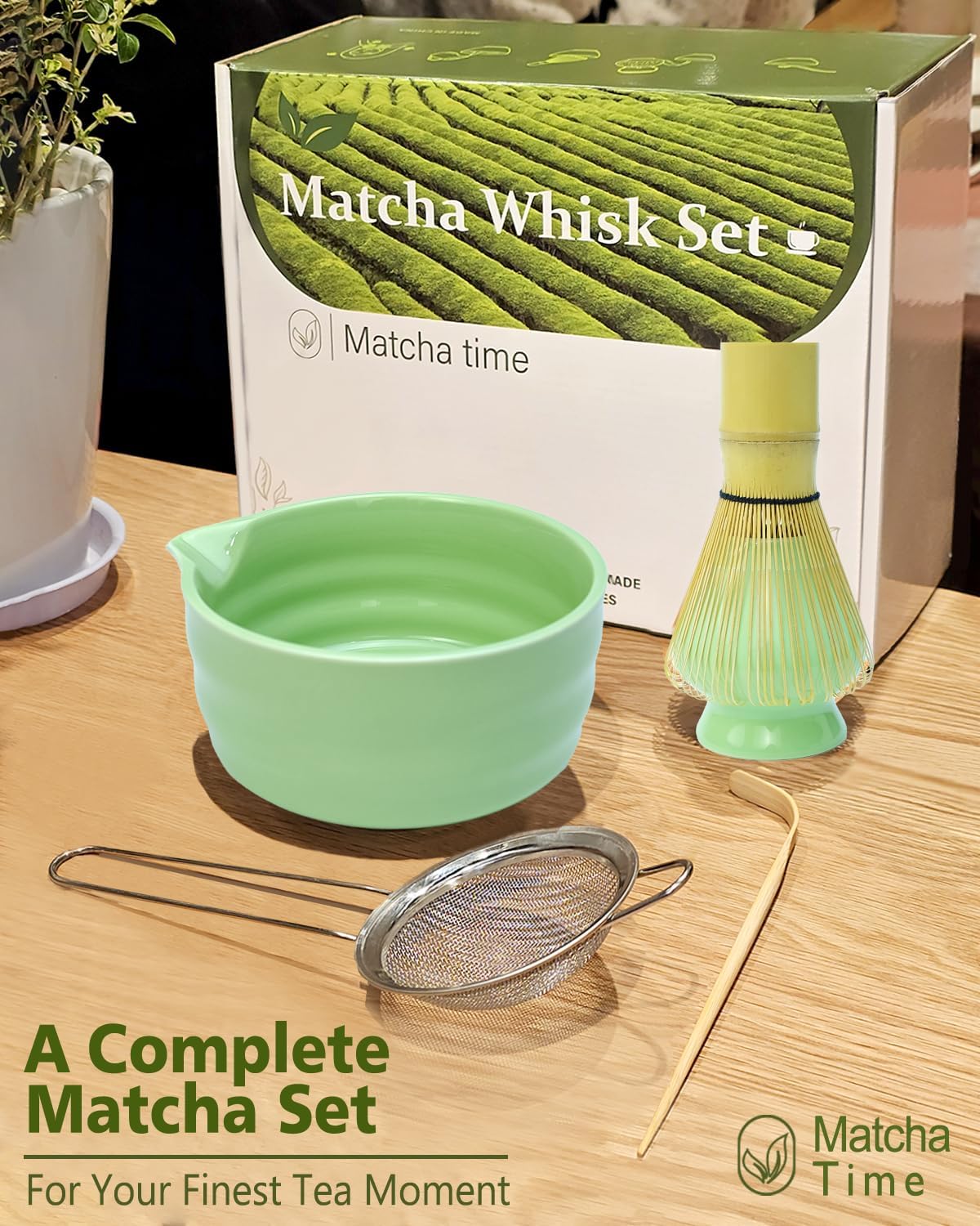 Matcha Whisk Set with Matcha Bowl, Matcha Whisk Holder Matcha Bamboo Whisk, Scoop, Sifter, Unique Gifts for Women Men Girl Friend Home Kitchen Decor（Light Green）