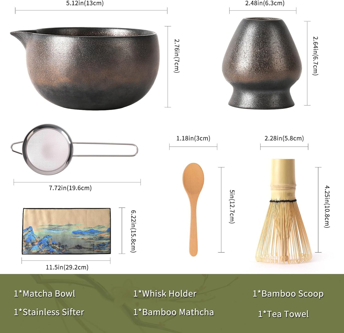 Japanese Matcha Whisk Set - 6-Piece Kit with Bamboo Chasen, Matcha Ceramic Bowl with Spout, Stainless Steel Sifter Gold Black