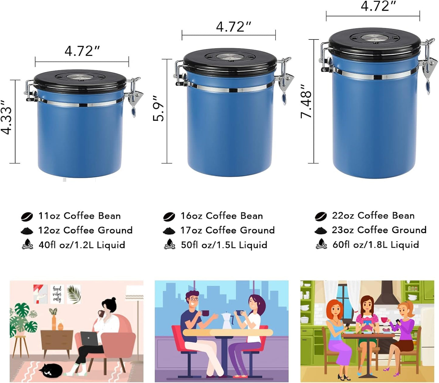 ShanSon Coffee Canister Airtight Coffee Container Stainless Steel Coffee Bean Storage Container with CO2 Release Valve and Scoop Coffee Canister for Beans,Grounds,Sugar,Flour,Tea,Cereal,16OZ,Blue