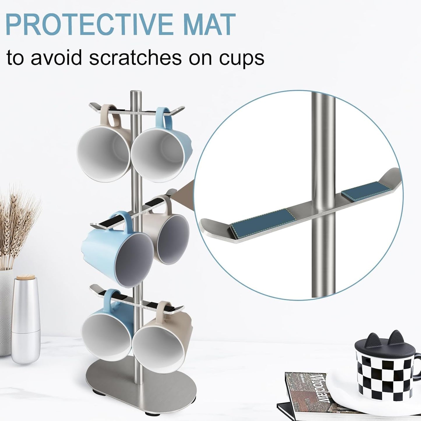 Mug Holder Tree, Coffee Cup Holder with 6 Hooks, Coffee Mug Rack, Metal Mug Tree for Counter, Mug Holder Stand Coffee Mug Hanger(Brushed Nickel)