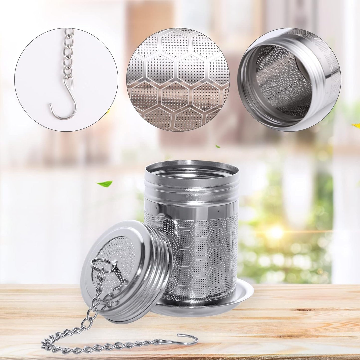 2 Pack Tea Strainers Infuser for Loose Tea 304 Stainless Steel Mesh Loose Leaf Steeper Diffuser with Chain Hook and Threaded Lid for Black Tea, Spices and Seasonings