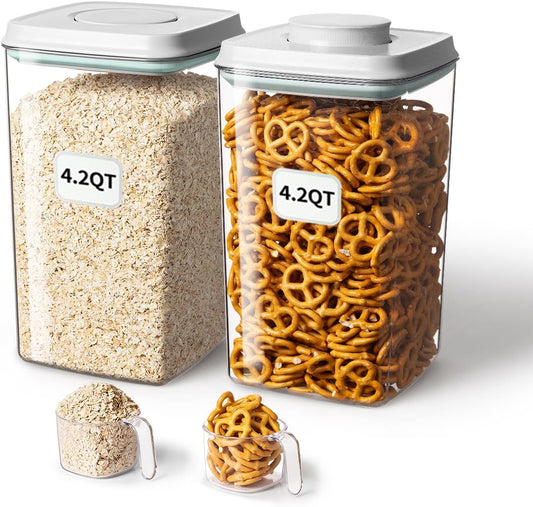 Ankou Airtight Food Storage Container with Pop Lid & 130ml Scoop, 4L/4.2qt *2 BPA-Free Cereal, Rice, Flour, Pasta & Snack Container, Stackable & Durable,Kitchen Pantry Organizer