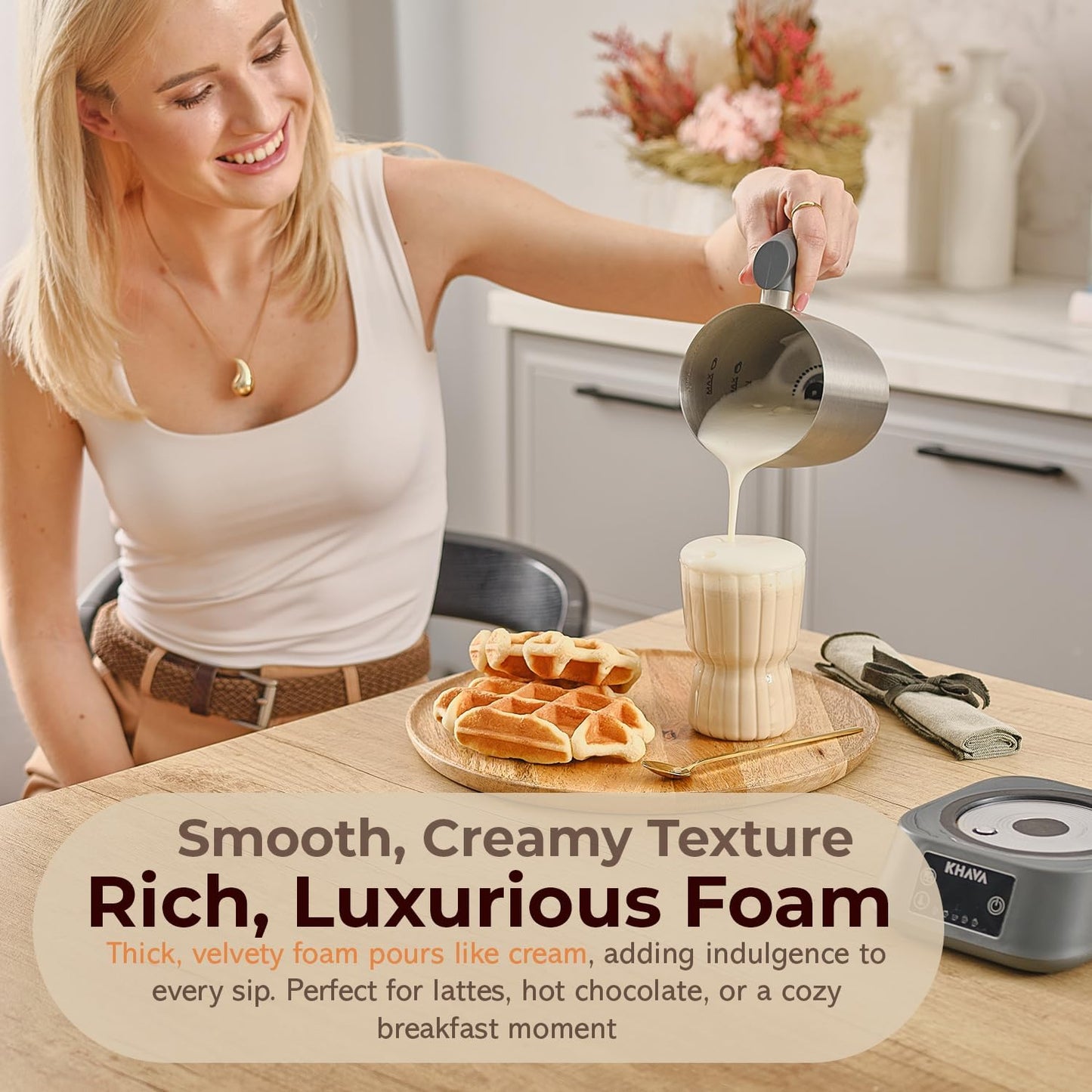 KHAVA 5-in-1 Electric Milk Frother and Steamer, Hot Cold Foam Maker & Milk Heater, Automatic Milk Warmer for Coffee, Latte, Hot Chocolate, 17oz Stainless Steel Pitcher Detachable for Dishwasher Safe