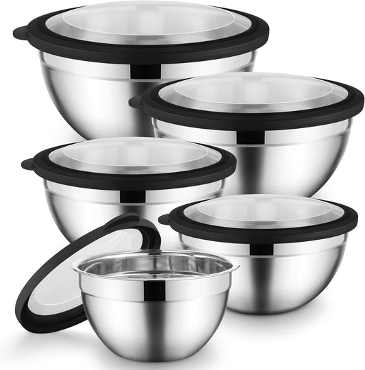 Stainless Steel Mixing Bowls with Black Lids, Metal Nesting Mixing Bowl Set of 5 - Size 1.5, 2, 2.6, 3.5, 4.6QT
