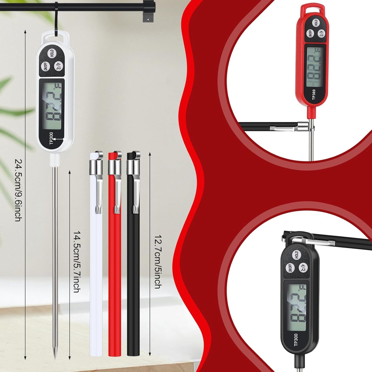 Waterproof Food Thermometer with Long Probe Digital Meat Thermometer for Water, Liquid, Candle and Cooking Instant Read for Kitchen BBQ Grill Candy(Black,White,Red)