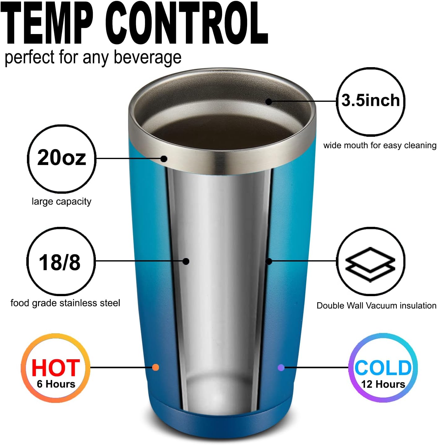 COMOOO 20oz Tumbler with Straw Stainless Steel Insulated Coffee Tumbler Cups Double Wall Vacuum Travel Coffee Mug with Splash Proof Sliding Lid for Hot Cold Drinks (Dark Night, 2 Pack)