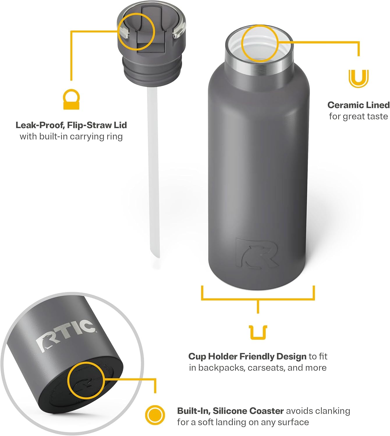 RTIC 16oz Journey Bottle Metal Stainless Steel Vacuum Insulated, BPA Free, Reusable, for Water, Hot and Cold Drinks, Travel, Sports, Camping, Graphite