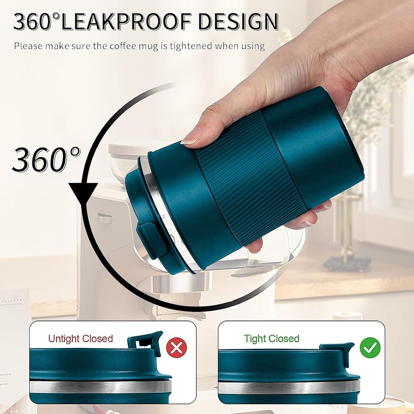 YINBAOGE Insulated Travel Coffee Mug Spill Proof Leak Proof Pobtable To Go Camping Stainless Steel Coffee Tumbler Reusable Coffee Cups with Lids Thermos for Hot and Cold Drink (Blue, 12 OZ)