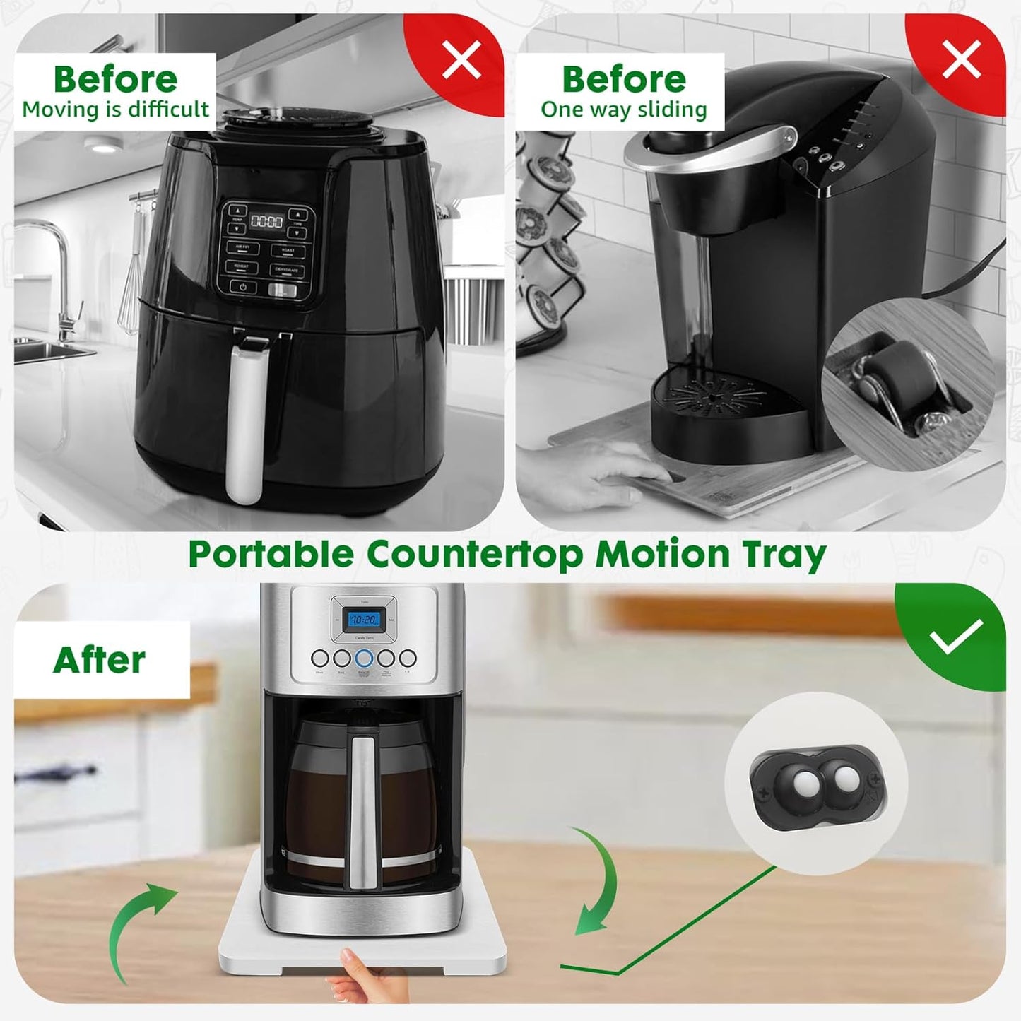 Appliance Slider 360° Rolling Tray for Coffee Maker- Bamboo Coffee Pot Slider Tray Countertop Rotation Sliding Tray with Wheels, Small Appliances Mat White (small 11.8" × 9.8" × 0.6")