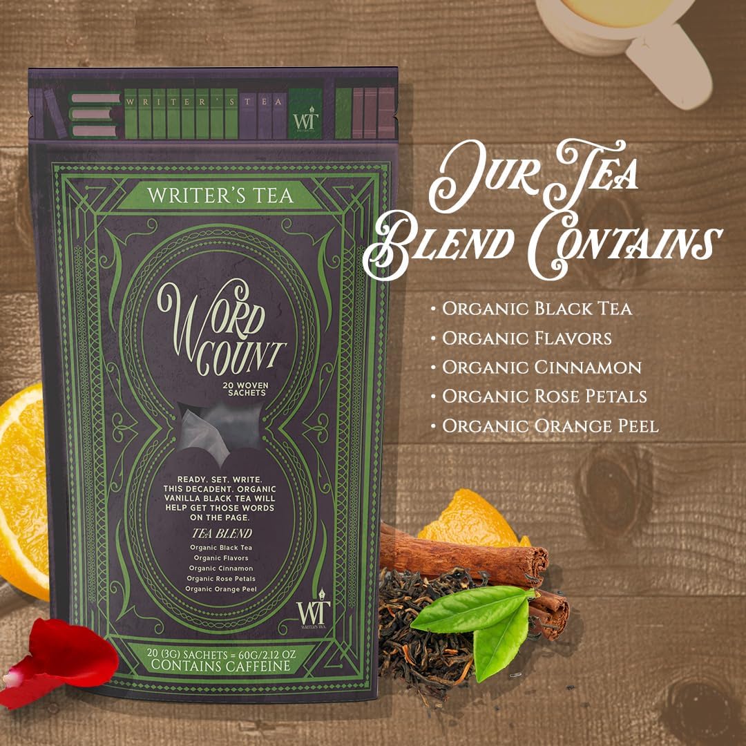 Writer's Tea Word Count - Energy Tea - Black Tea, Flavoring, Cinnamon, Rose Petals, and Orange Peel Tea Blend - Contains Caffeine - 20 Woven Sachets