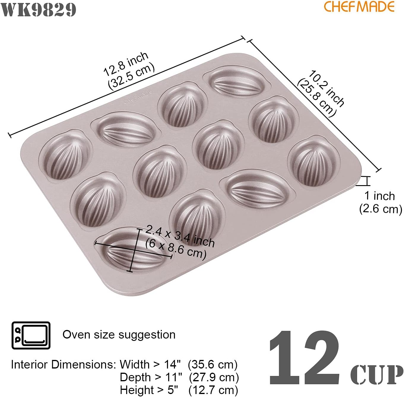 CHEFMADE Muffin Cake Pan, 12-Cavity Non-Stick Rugby-Shaped Bakeware for Oven Baking (Champagne Gold)