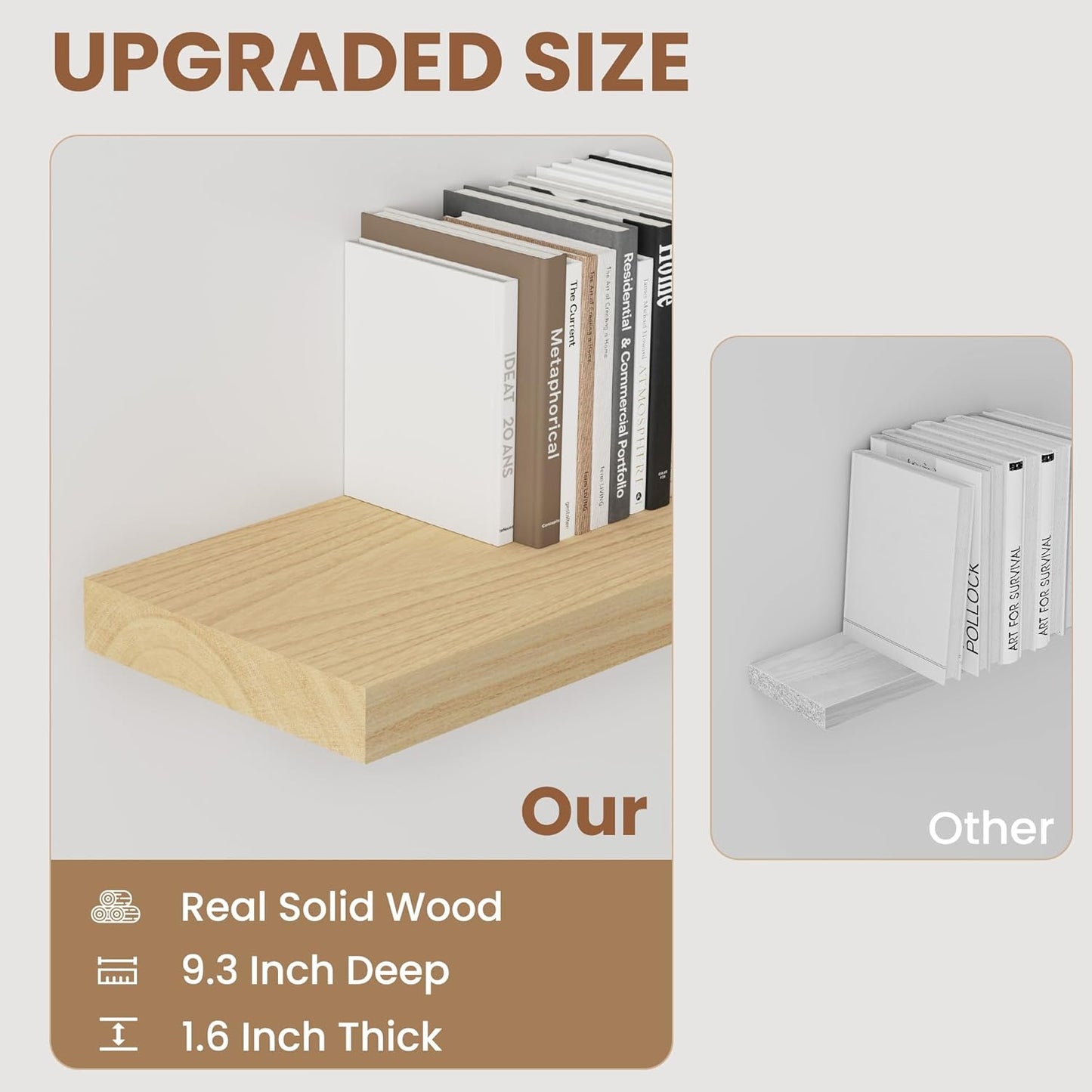 Fun Memories Deep Floating Shelves 16 Inch Long, Natural Wood Floating Shelf for Wall, Set of 2, Rustic 9 Inch Deep Wall Shelves, Deep Bathroom Shelves for Storage & Display, Burlywood