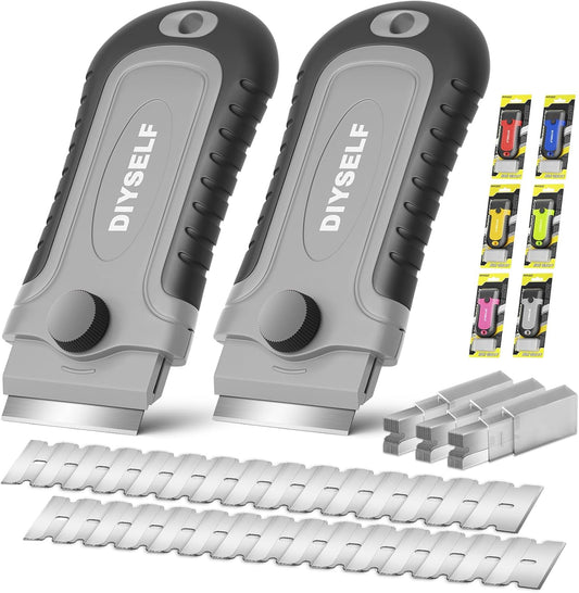 DIYSELF 2 Pack Razor Blade Scraper with 30 Pcs Spare Blades - Scraper Tool for Cleaning, Glass, Stickers - Scraper for Glass Top Stove - Paint Scraper - Razor Scraper - Glass Scraper - Oven Scraper