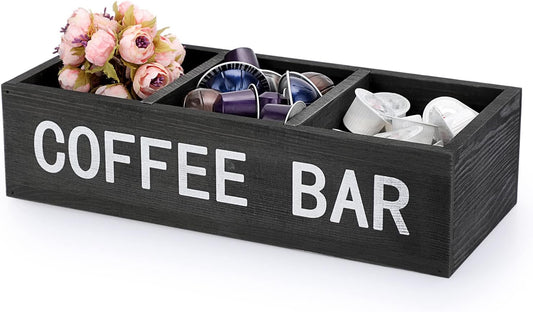 ELLDOO Coffee Bar Wooden Storage Box with Removable Grids, Station Organizer Pod Holder, Rustic Coffee Accessories for Counter, Farmhouse Kitchen, Black