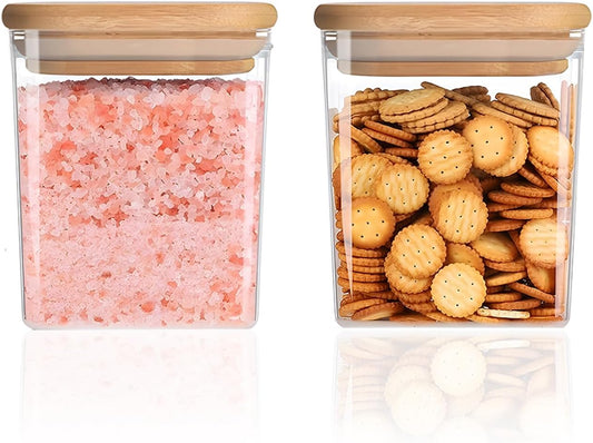 Square Storage Containers with Airtight Lids, Clear Food Storage Container Jar with Sealing Bamboo Lid for Noodles Flour Cereal Rice Sugar Tea Coffee Beans