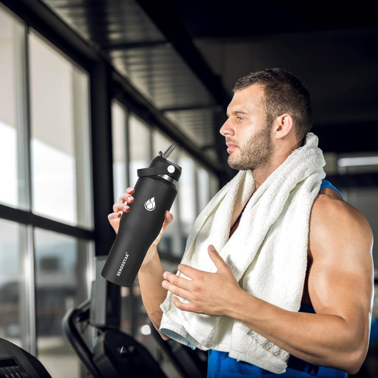 SENDESTAR 32oz Water Bottle Wide Mouth Stainless Steel Vacuum Insulated Double Wall with 2 Straw Lids Fit in Any Car Cup Holder TXIN-32-WR-1