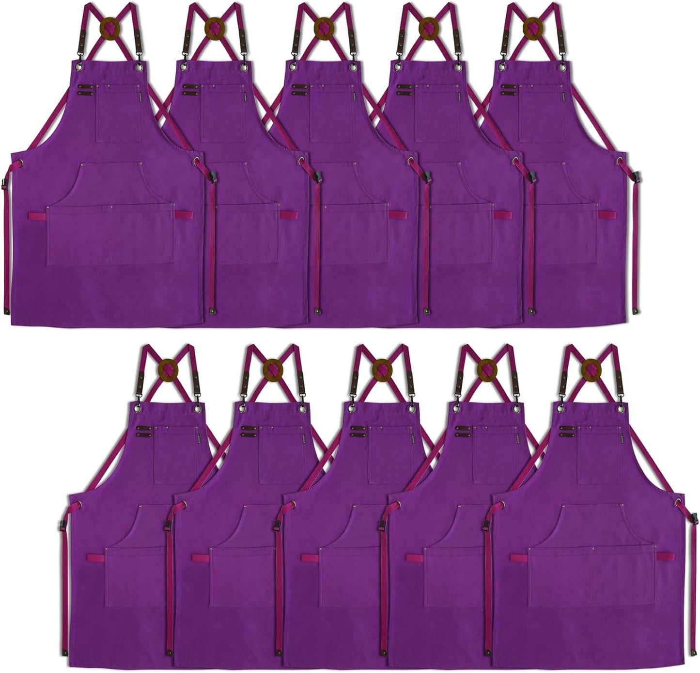 10 Pack Kitchen Aprons, Work Apron, Canvas, Multiple Pockets, Gardening, Painting, BBQ, Artist, Carpenter, Sizes M to XXL, Purple