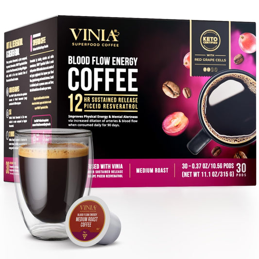 VINIA Blood Flow Energy Coffee Pods - Medium Roast Infused with Red Grape Piceid Resveratrol for Physical Energy & Mental Alertness, Compatible with K Cups Superfood Coffee, Full-Bodied, 30 Ct
