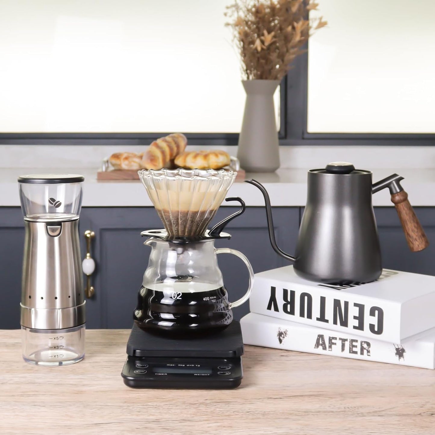 SOTECH Electric Coffee Maker Set with Electric Grinder Glass Dripper Server Steel Kettle Filter Paper Travel Bag for Outdoor Travel BBQ Picnic