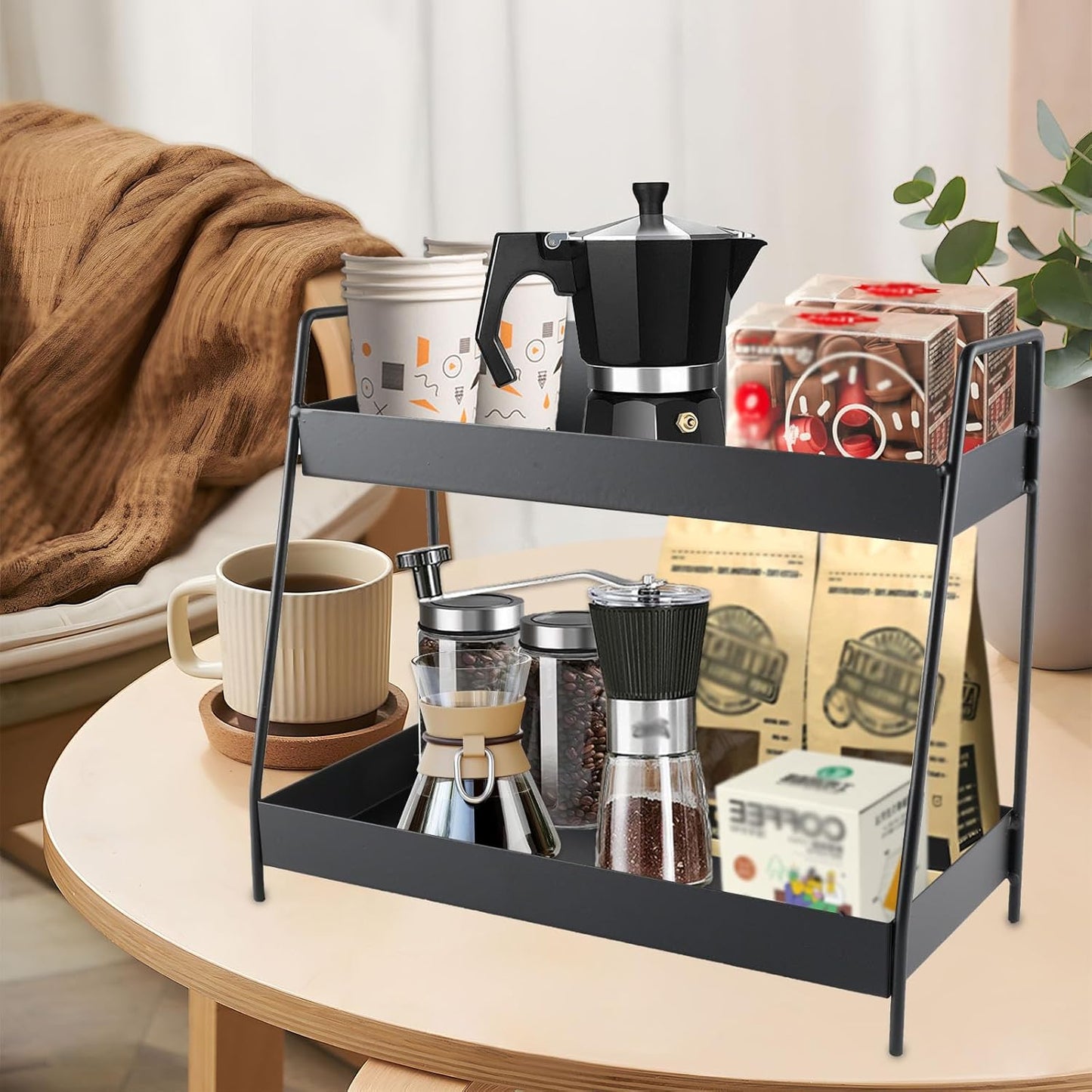 Countertop Coffee Bar Organizer,2 Tier Metal Coffee Pod Holder with Handles,Tea Bag Condiment Snack Organizer,Mug Holder for Kitchen,Bathroom,Office,Black