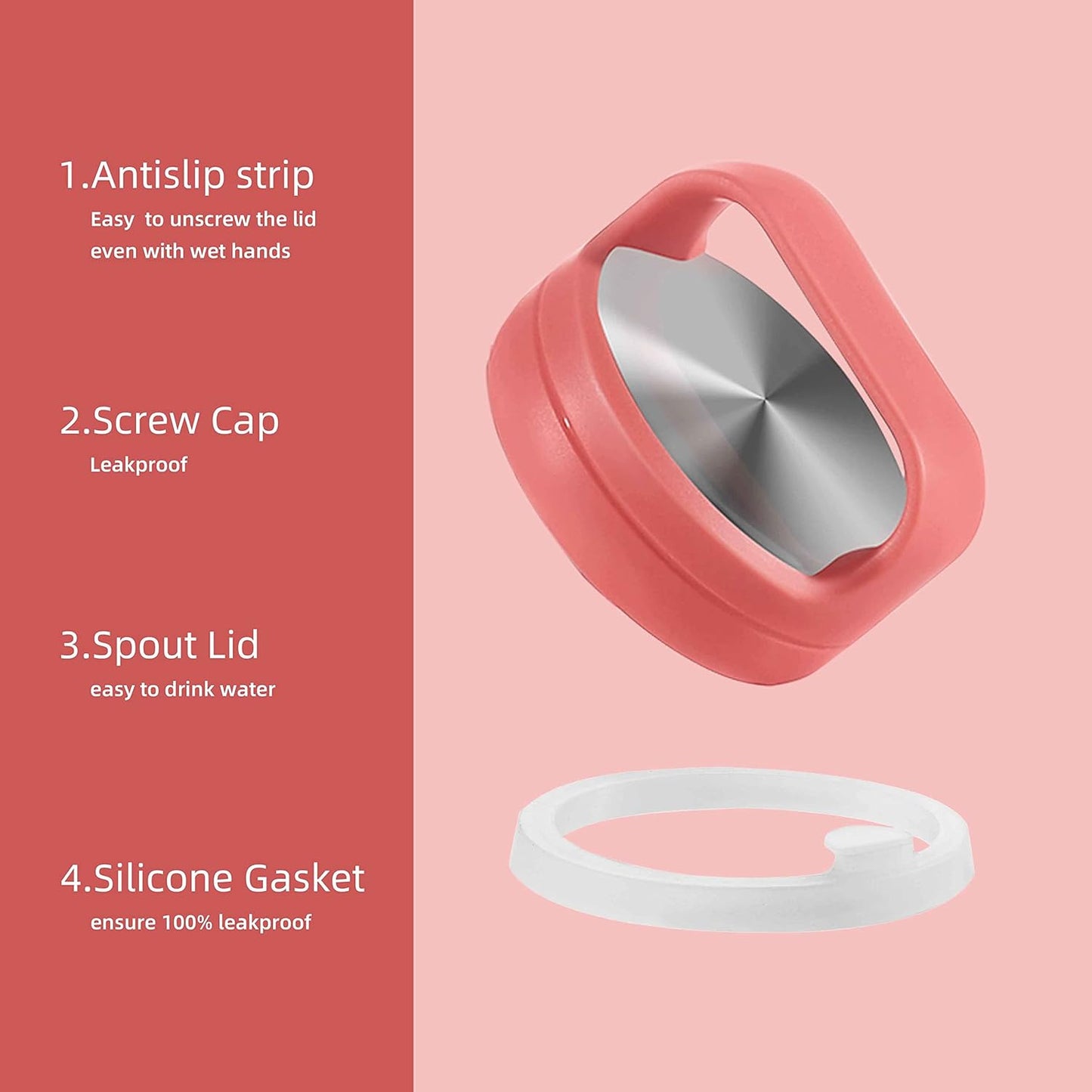 IDEUS Insulated Stainless Steel Water Bottle with 2 Leak-Proof Lids, Thermal Water Flask for Hiking Biking, 18oz, Red