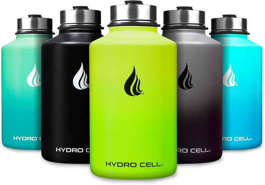 HYDRO CELL Stainless Steel Insulated Water Bottle with Straw - For Cold & Hot Drinks - Metal Vacuum Flask with Screw Cap and Modern Leakproof Sport Thermos for Adults (Neon 64oz)