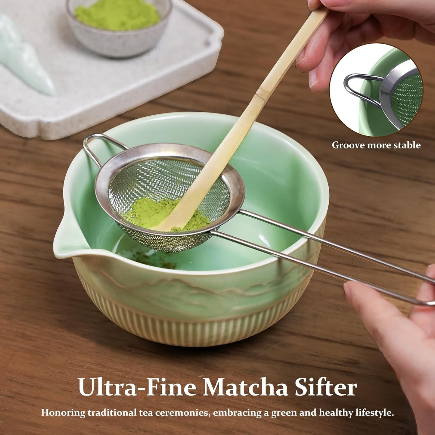 Matcha Bowl and Whisk Set 7PCs Includes Fuji Design 17oz Ceramic Bowl Whisk Holder Bamboo Spoon and Rest Sifter Tea Towel Matcha Kit for Ceremony Blue Matcha Tea Set for Making Breakfast Latte